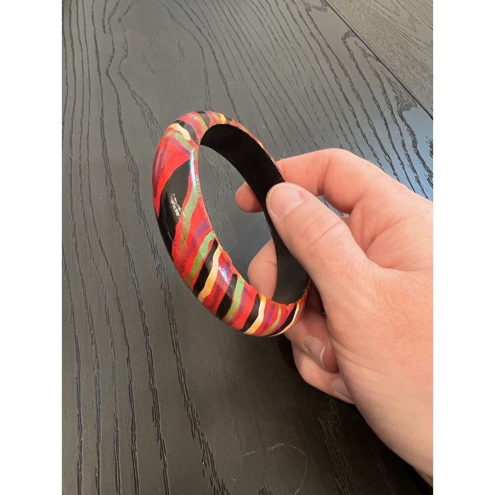 Red Wooden Bangle With Black Green And‎ Yellow
